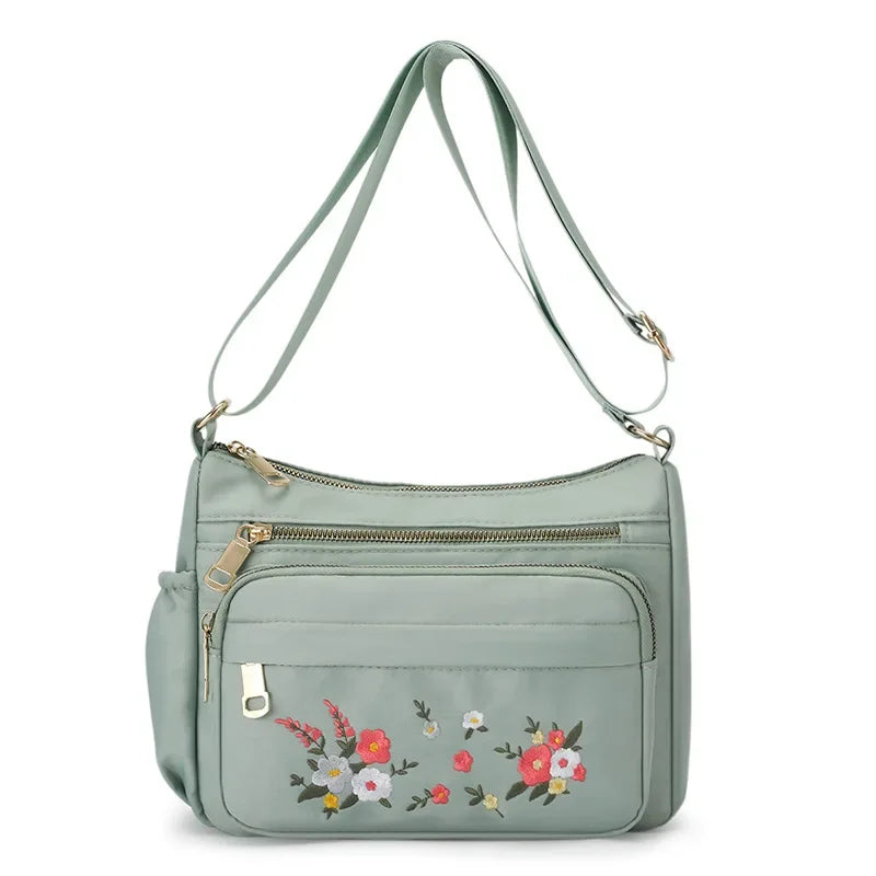Casual Crossbody Backpack Ladies Oxford Cloth Shoulder Bag Fashion Embroidery Flower Zipper Travel Handbag