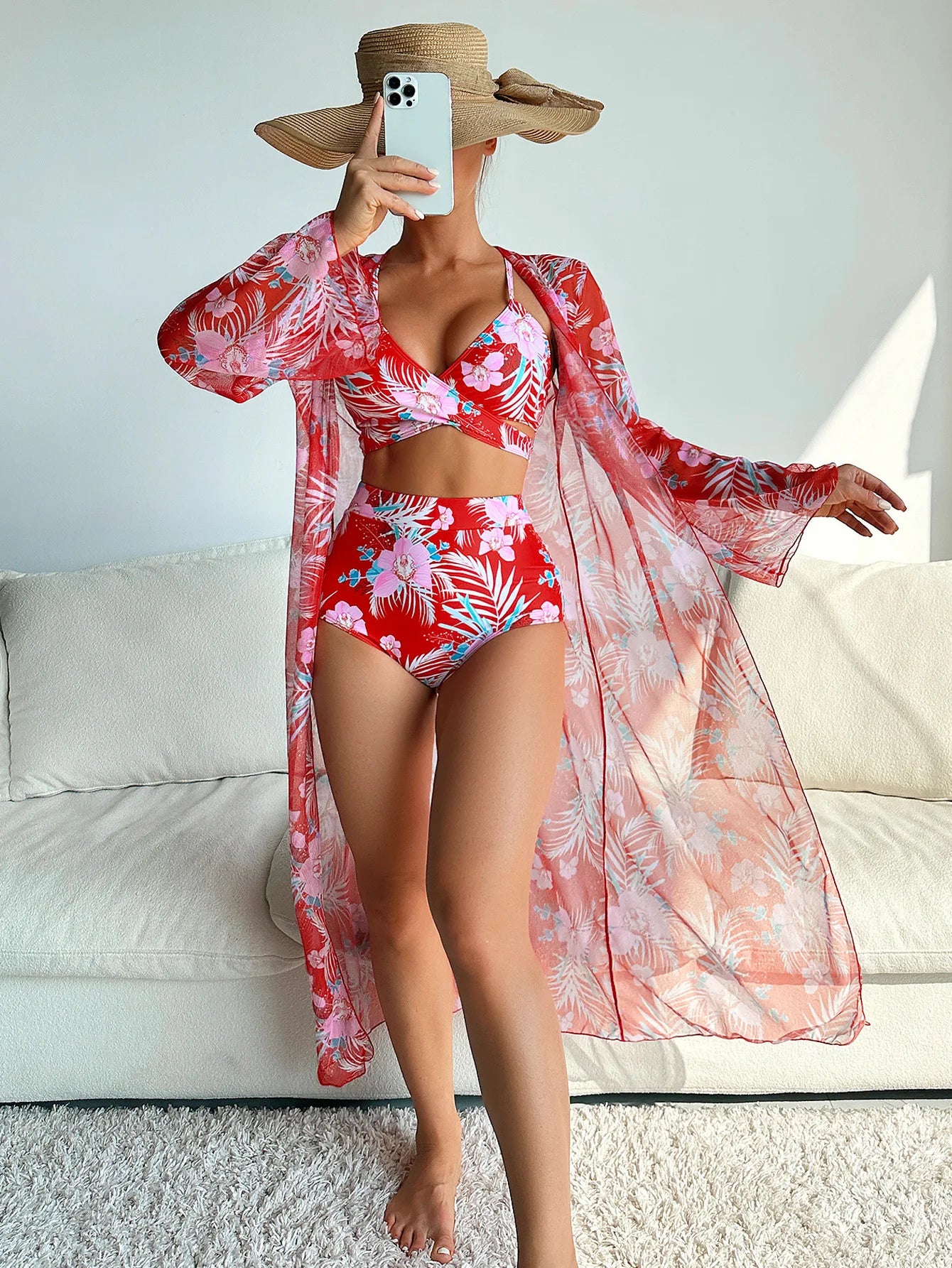 Sommer Print Schwimmanzüge: ASKATE Verbesserte Unterstützung Wire-Free Support Nylon Spandex - Dreiteilig High Waist Strand Wear Floraler Print
