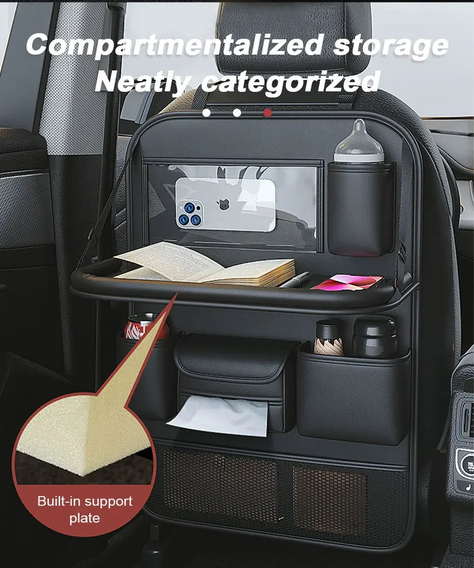 Car Seat Storage Bag Auto Back Seat Back Organizer with Foldable Table Tray PU Leather Tablet Holder Tissue Box Car Accessories