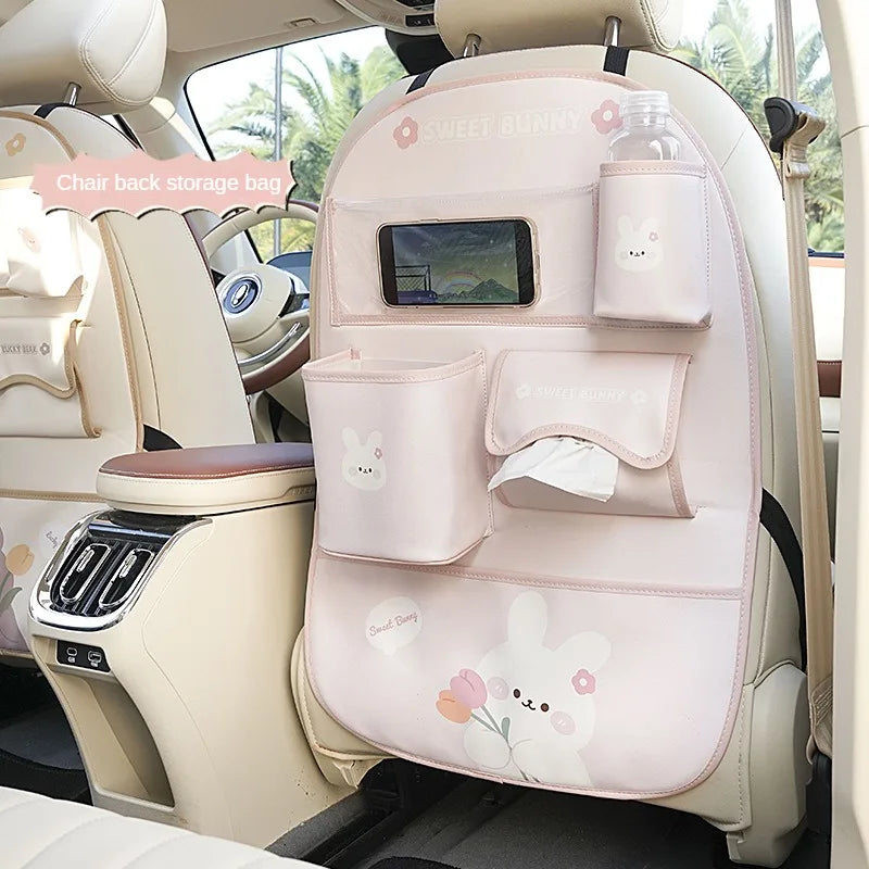 Cute Cartoon Car Seat Back Storage Bag Leather Multifunction Car Backseat Organizer Cup Holder Tissue Holder Anti Kick Pad