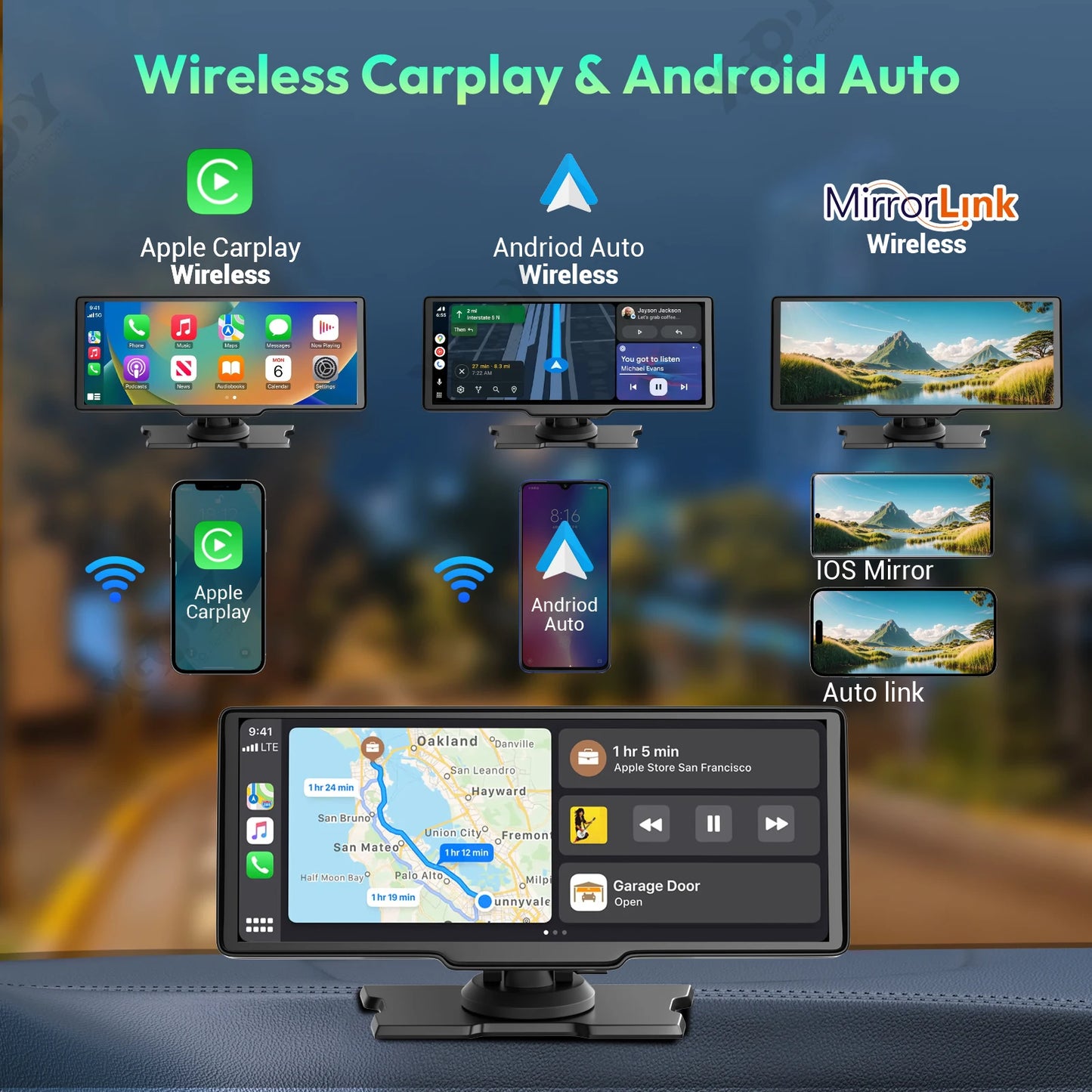 4K 10.26" Touchscreen Auto DVR Dashcam - Kabellos Apple CarPlay Android Auto Dual Lens Video Recorder
