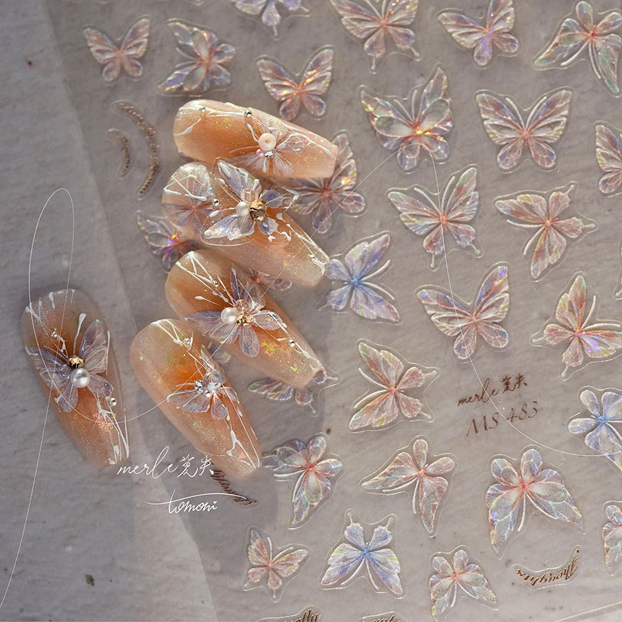 Fantasy Shiny Shell Light Butterfly Rhinestone Bohemia Hot 5D Soft Embossed Relief Nail Art Sticker 3D Decal Decoration Manicure