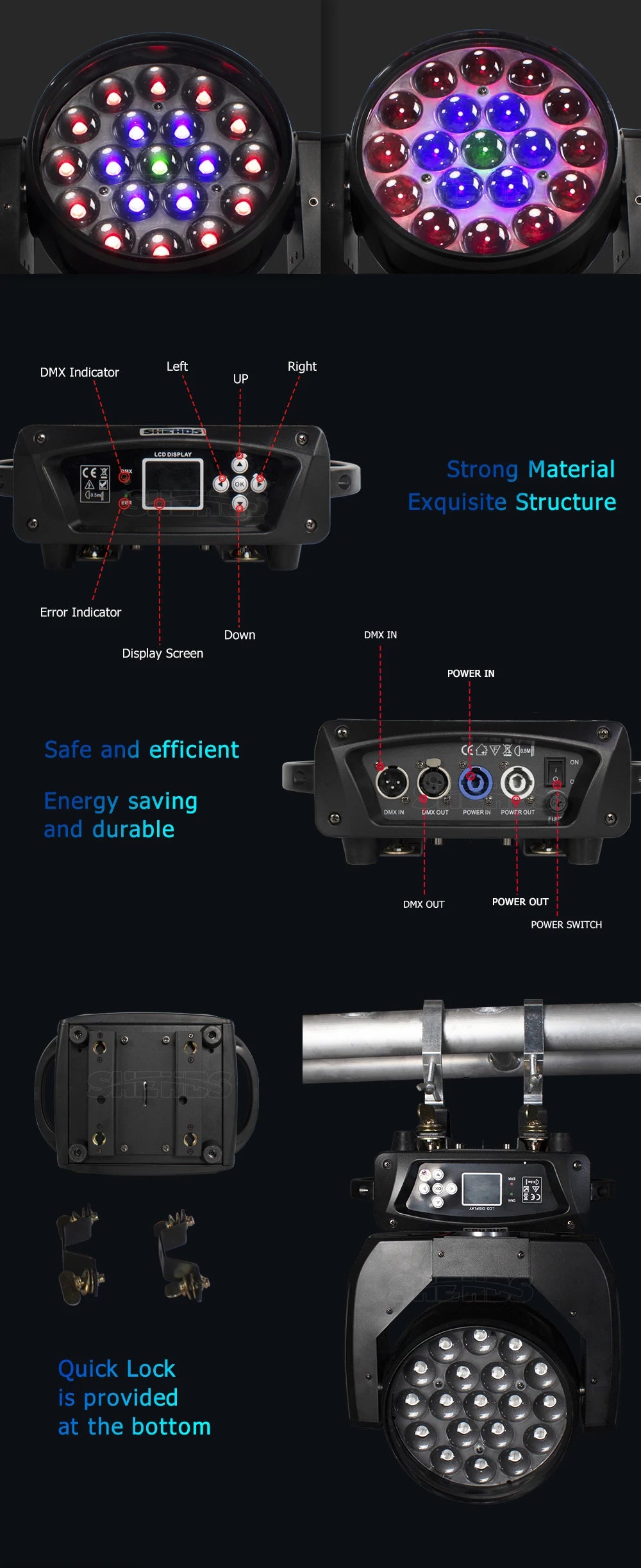 SHEHDS LED Zoom 19x15W RGBW Moving Head Light Beam Wash Effect Flight Case for DJ Disco Christmas Concerts Weddings Parties