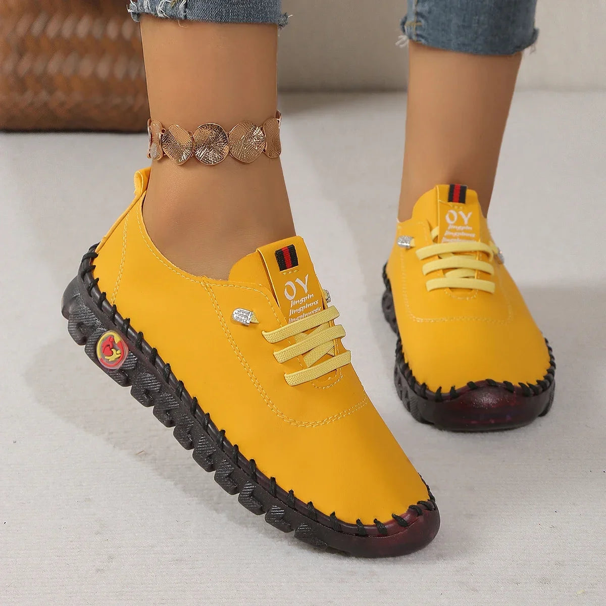 Pantofi sport damă cu talpă plată, lucrați manual - Pantofi sport casual din piele ecologică, cu șireturi, confortabili, cu vârf rotund, pentru mers pe jos, pantofi sport damă