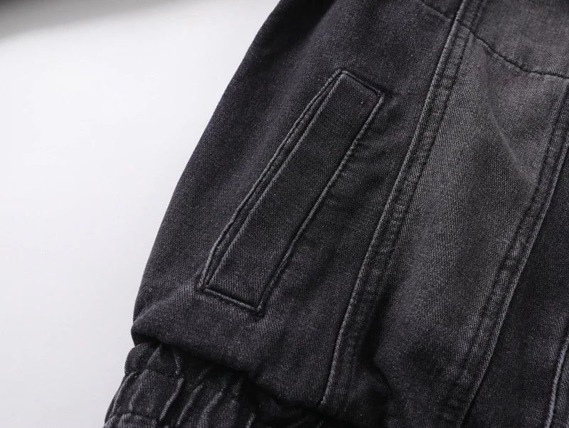 Washed Black Cargo Denim Jacket Men Baggy Zip Up Distressed Outerwear American High Street Blue Loose Casual Jeans Jacket