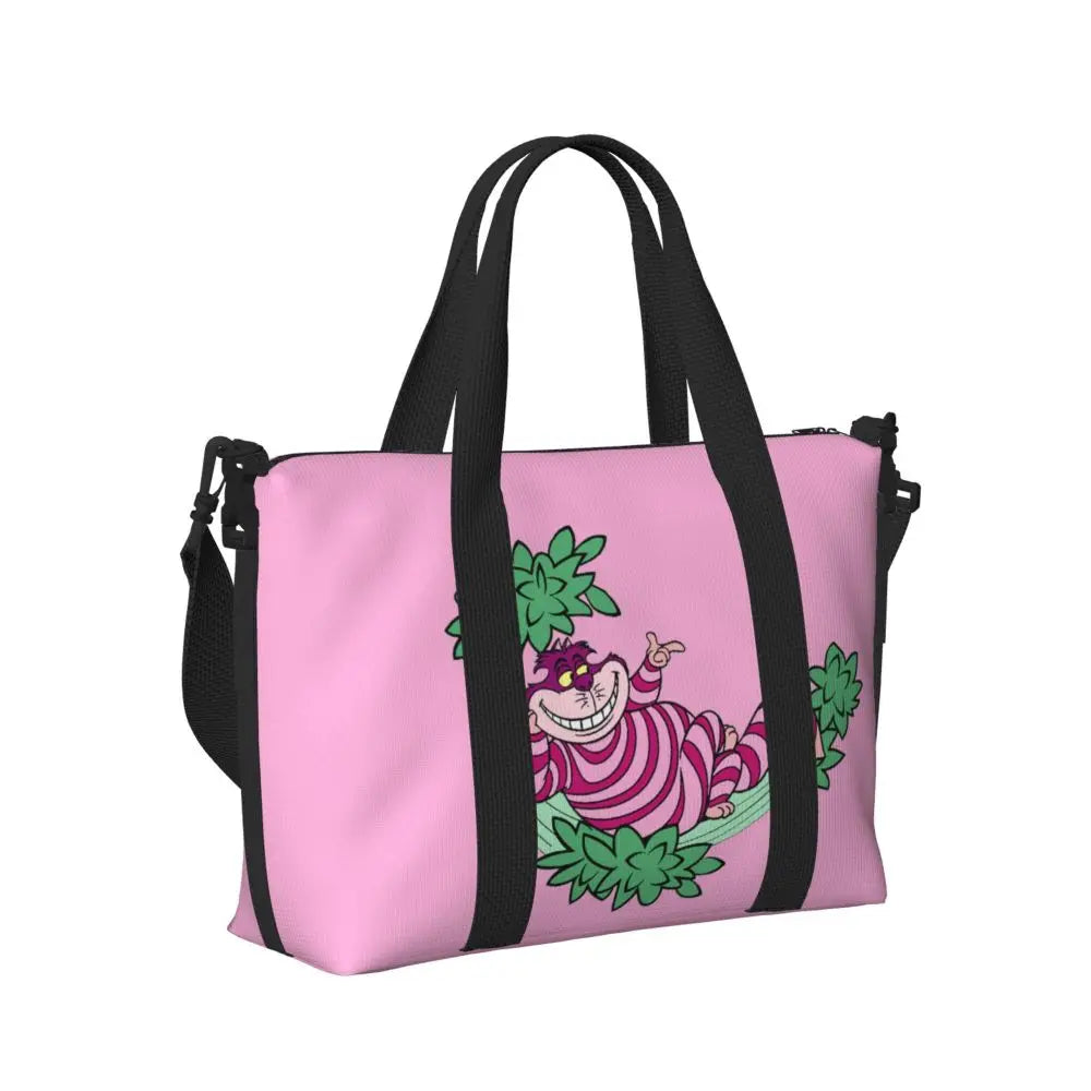 Custom Cheshire Cat Beach Tote Bag for Women We're All Mad Here Cat Big Compartment Gym Beach Travel Bags