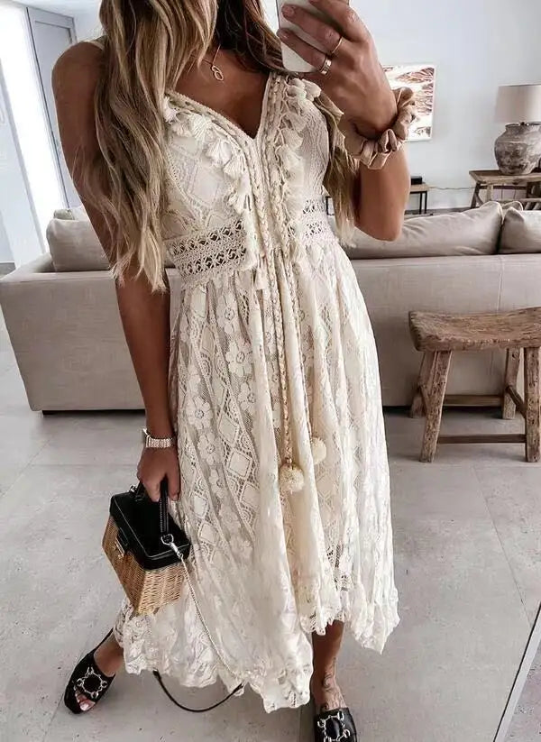 Boho style girl dress white cotton lace sleeveless long summer