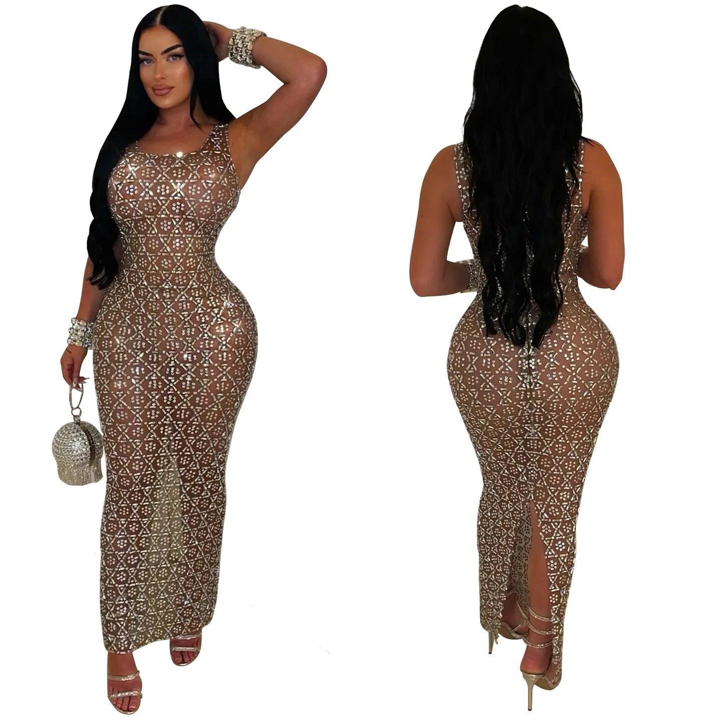 Damen Kleid 2025 - CM.YAYA Summer Sleeveless Rhinestone Long Dress Mesh Fashion Evening