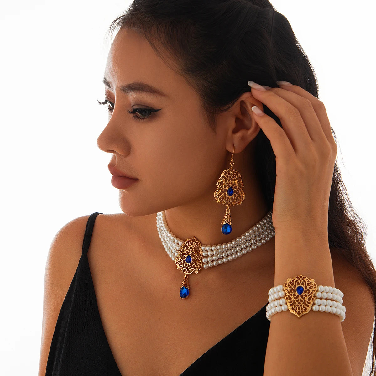 KunJoe Luxus Mehrschichtig Imitation Perlen Halskette Armband Ohrringe Frauen Wassertropfen Grün Strass Choker Hochzeit Schmuck Set