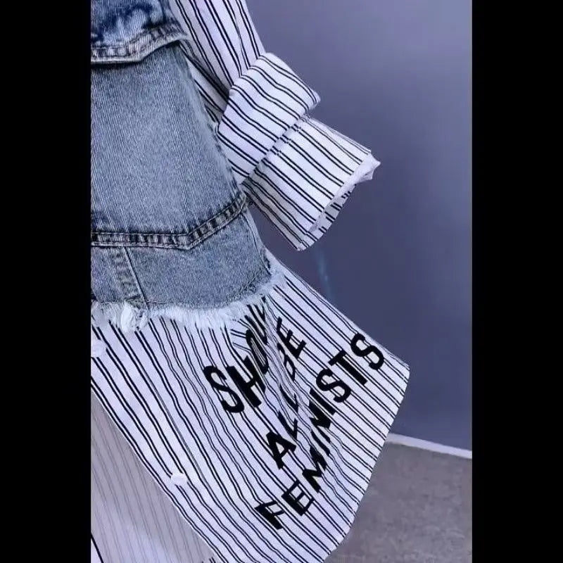Fashion Striped Denim Jacket Women's Spring/summer 2024 New Design Sense Stitching Women Jackets Temperament Coat Top