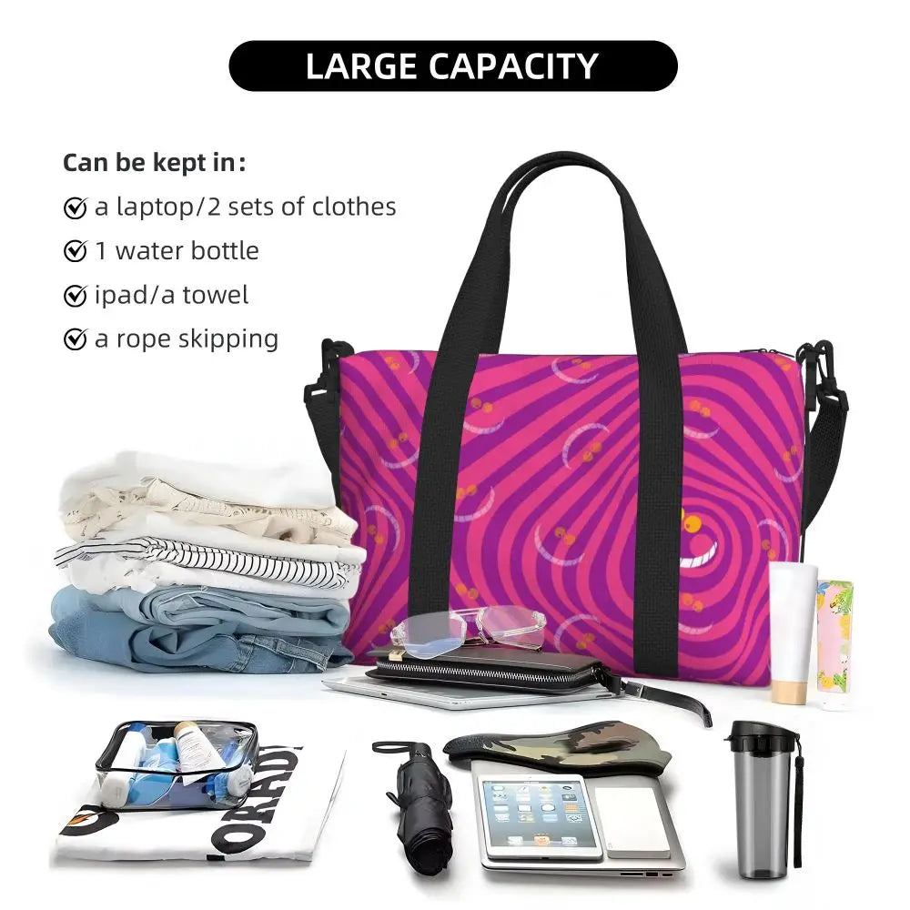 Custom Cheshire Cat Beach Tote Bag for Women We're All Mad Here Cat Big Compartment Gym Beach Travel Bags