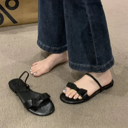Flat Bottomed Slippers for Women Summer Bow Shaped Slimming Straight Strap Flat Sandals Women's Open Toed French Slippers Womens