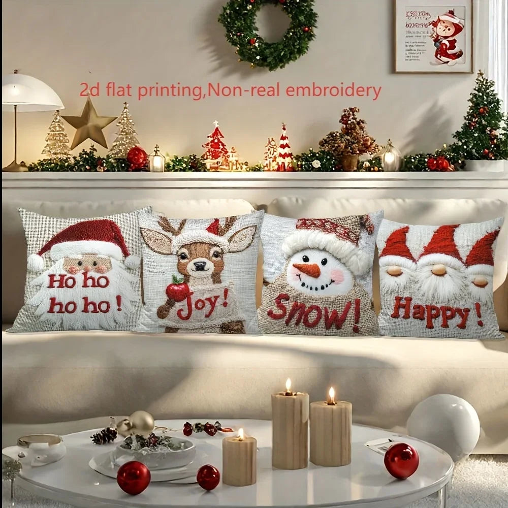 4pcs Christmas Pillow Covers Set, Santa Reindeer Snowman Gnome Printed Cushion Cases, Festive Xmas Home Sofa Decorative Throw
