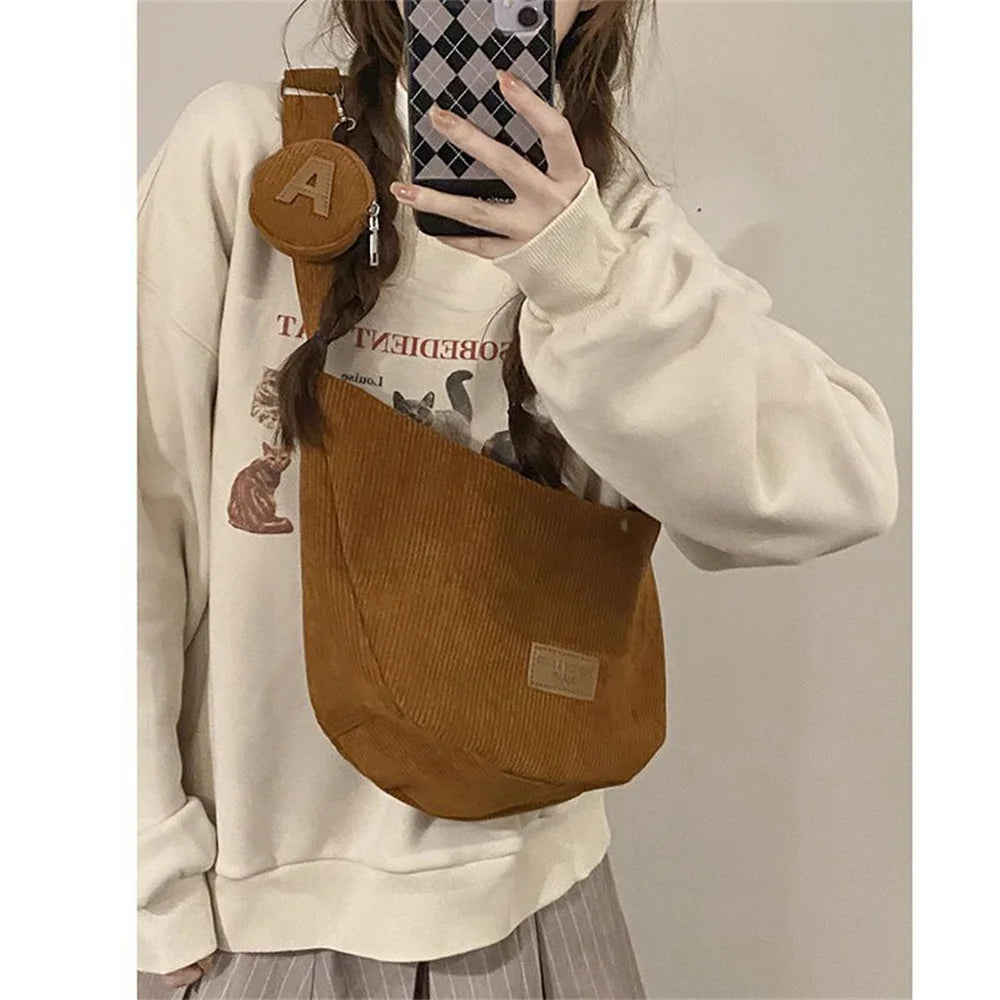 Large Capacity Corduroy Shoulder Crossbody Bag Women Leisure Armpit Bag Solid Color Versatile Dumpling Bag Fashion Messenger Bag
