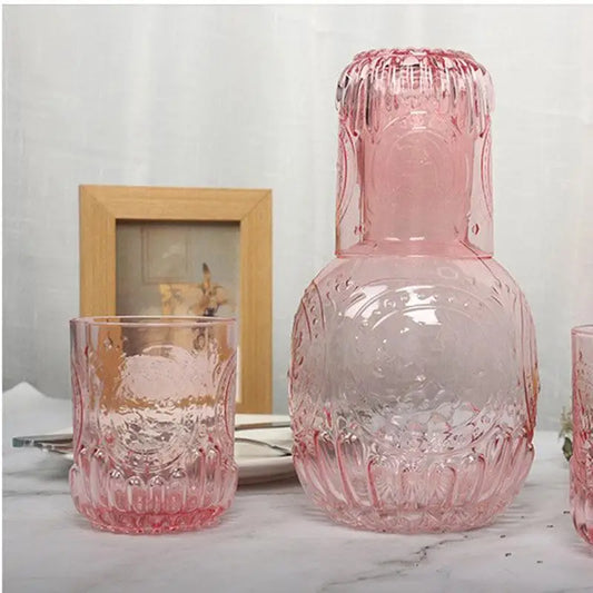 Glass Embossed Cold Water Kettle Set, European Style, Vintage Water Cooler, Household Kettle, Five Piece Water Set