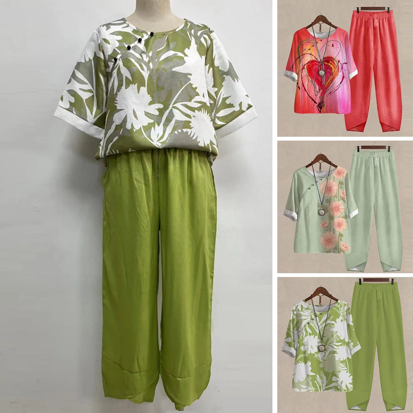 Elegant  Women Outfit Breathable Flower Pattern Blouse Trousers Half Sleeves Soft Blouse Pants Spring Clothes