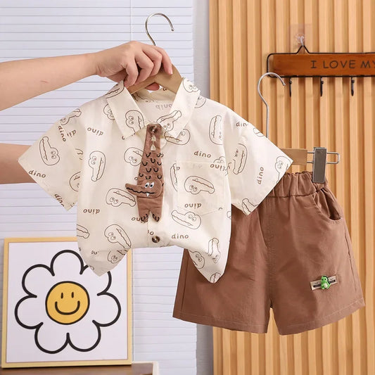 Children Clothes Sets Kids Sport Boys Causal Full Printe Crocodile Shirt Shorts with Tie 2Pcs Infant Baby Tracksuits 0-5 Ages