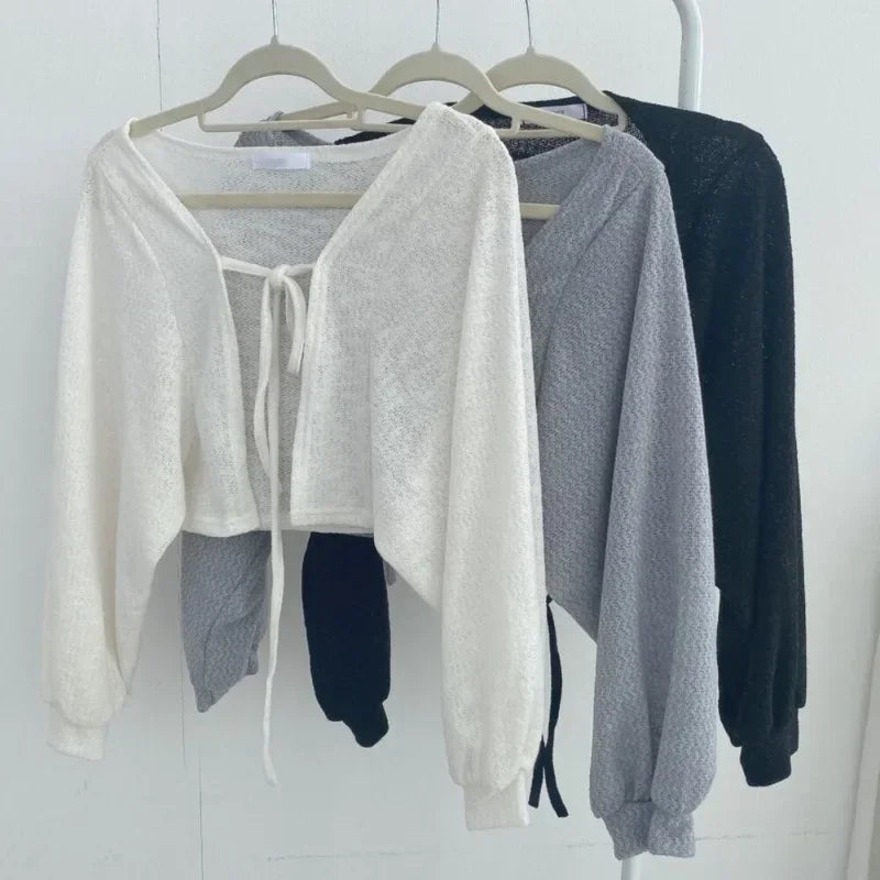 TDFunlive Cardigan Sonnenschutz Laternenärmel V-Neck Schnür-Detail Weiß - Größe S/M/L, Länge Kurz