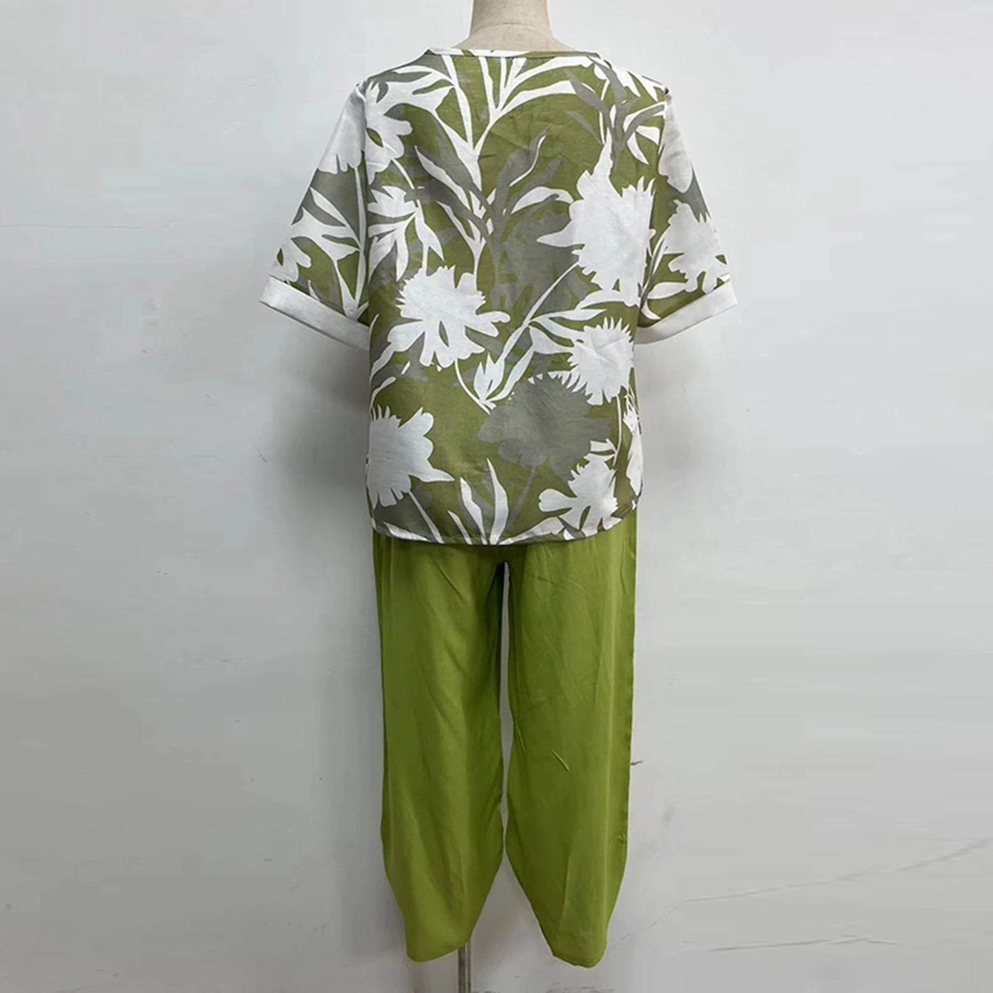 Elegant  Women Outfit Breathable Flower Pattern Blouse Trousers Half Sleeves Soft Blouse Pants Spring Clothes