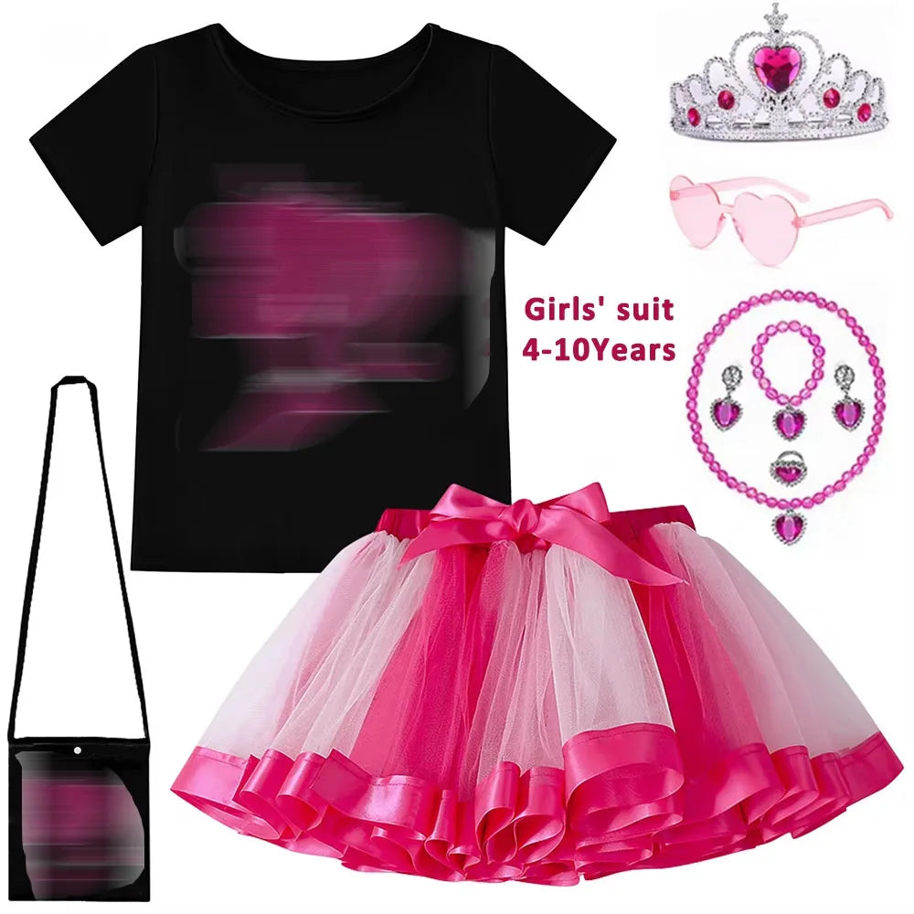 Toddler Girls Mesh Princess Skirt Set Movie Barbi T-shirt + Tutu Skirt 2Piece Suit for 4-10Yrs Girls Kid Clothing Birthday Party