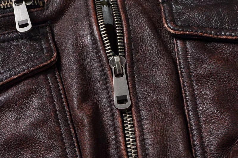 New Men's Genuine Leather Jacket Vintage Stone Milled Top Layer Cowhide Bomber Jacket A2 Brown Men's Calfskin Motorcycle Jacket