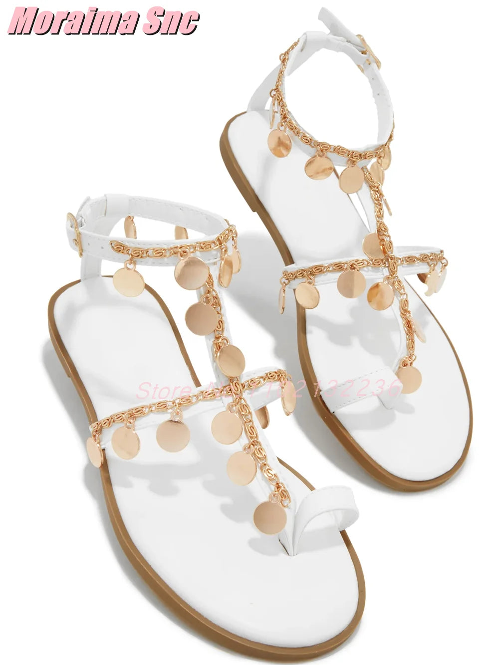 Metal Decor Chain Embellished Sandals Flat With Clip Toe Ankle Buckle Strap Sexy Fashion Women's Summer Shoes Roman Style 2025