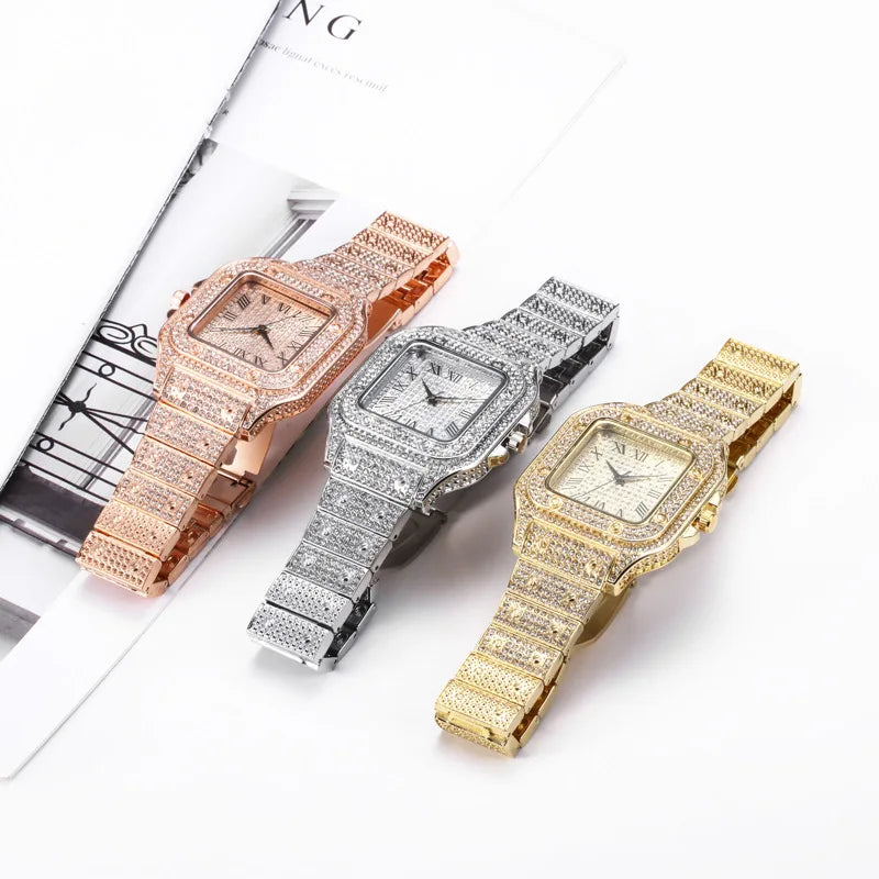 Luxus Diamant Herren Damen Uhren - Gold Uhr Damen Armbanduhr - Luxus Strass Unisex Armband Uhren Weiblich Uhr 2024 Neu