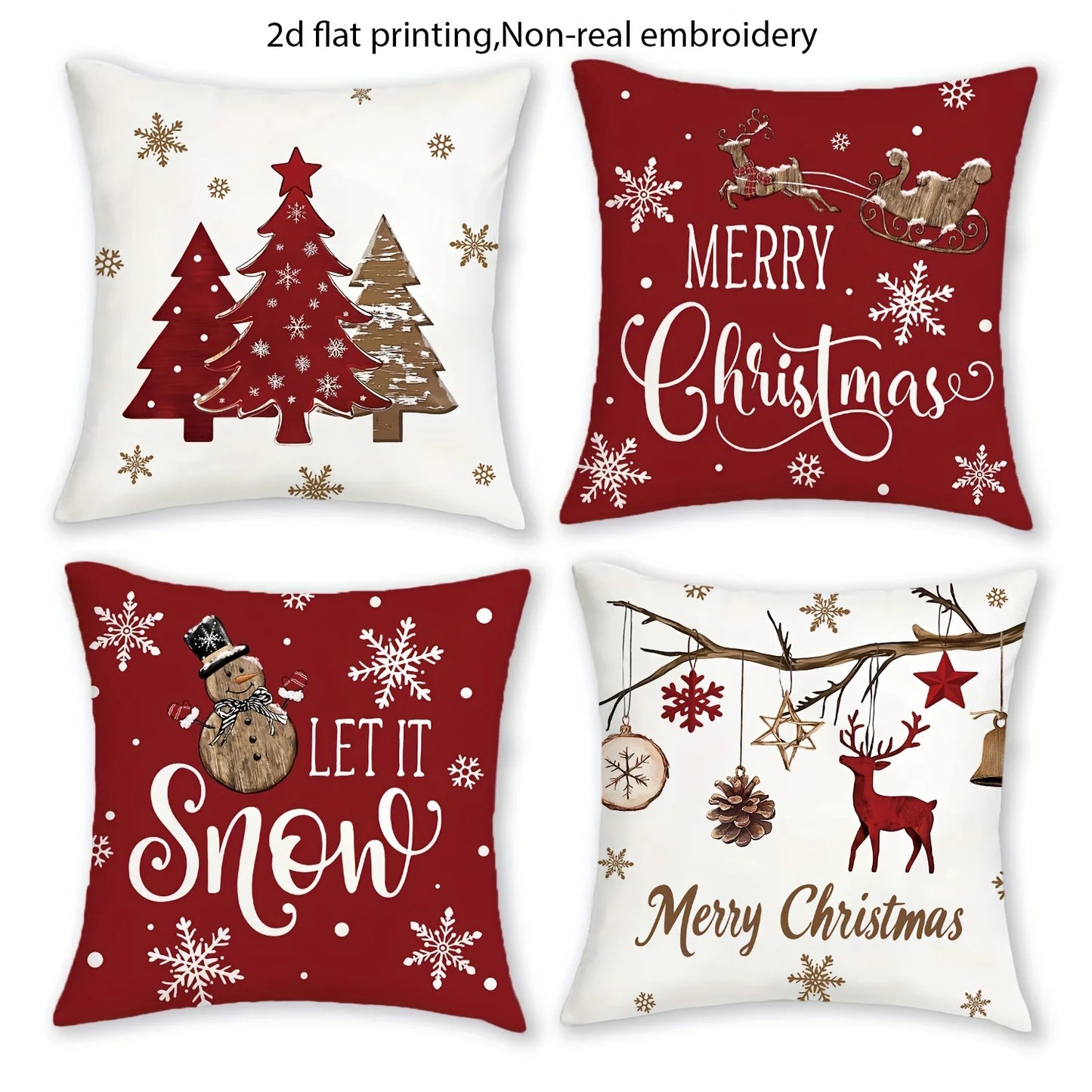 4pcs Floral Christmas Pillow Covers – Tree and Winter Holiday Design for Porch Patio Sofa Living Room Outdoor and Home Decor