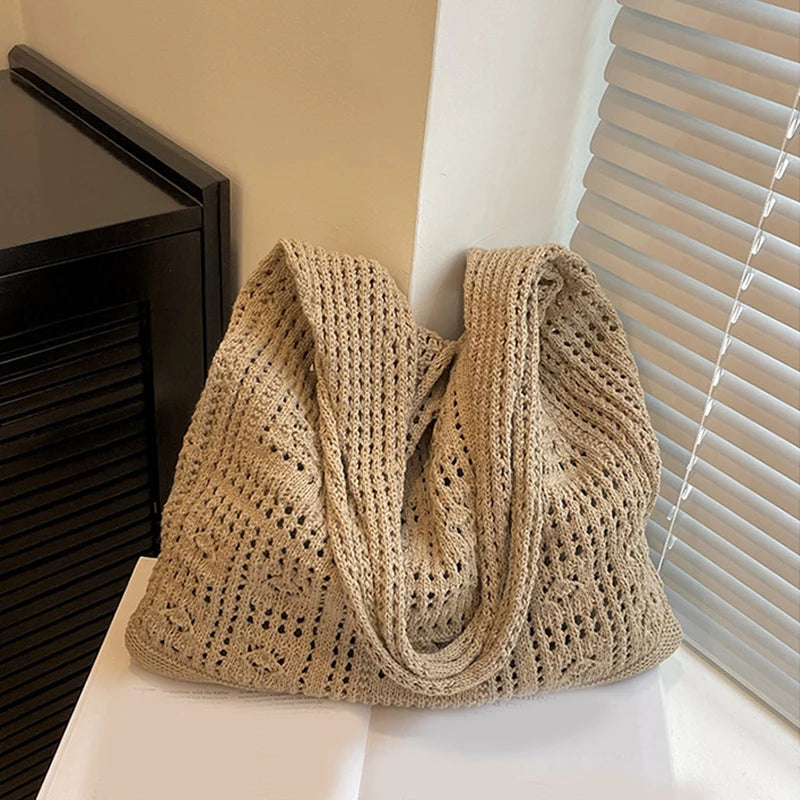 Knitted Handbags Beach Bags Lightweight Students Shoulder Casual Tote Female Style Shopping Woven Bags For Women Girls