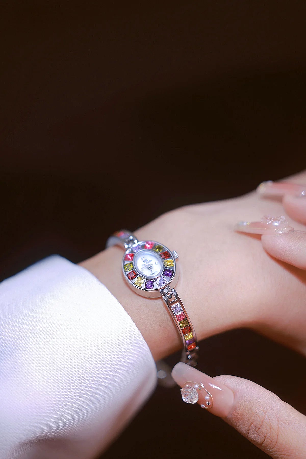 Womens Watch Luxury Fashion Quartz Wristwatches Colored Rhinestone Small Silver Bracelet Watches For Women Gifts