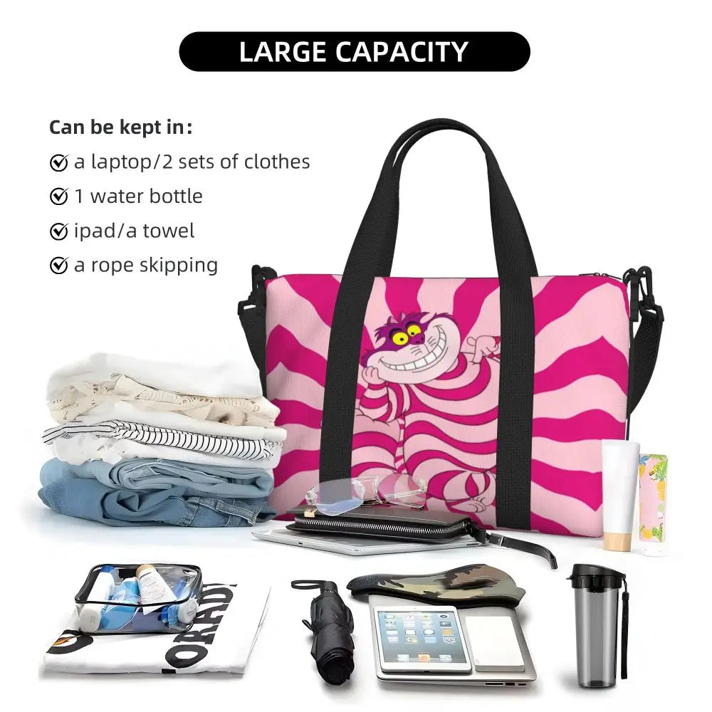 Custom Cheshire Cat Beach Tote Bag for Women We're All Mad Here Cat Big Compartment Gym Beach Travel Bags