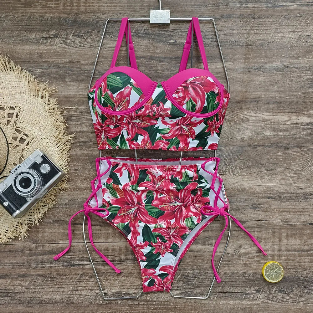 High Waist Schwimmbekleidung 2025: Underwire-Support Mori Girl Style sporlike - Neuer Blatt Druck Vintage Retro Badeanzug Halter Polsterung