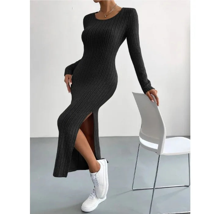 Damen Kleid 2025 - Casual Elegant Women Dresses Autumn Winter Long Sleeve Round Neck Split
