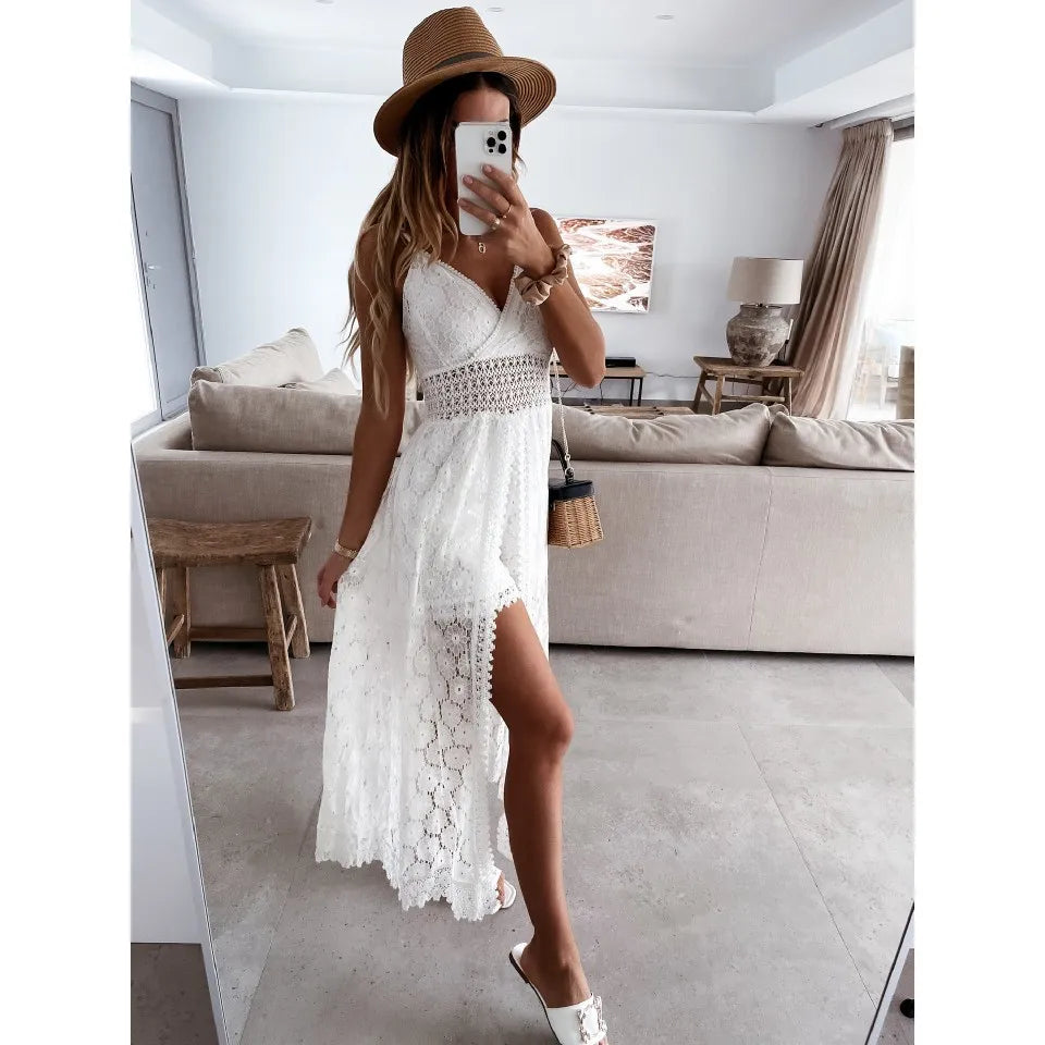 Boho style girl dress white cotton lace sleeveless long summer