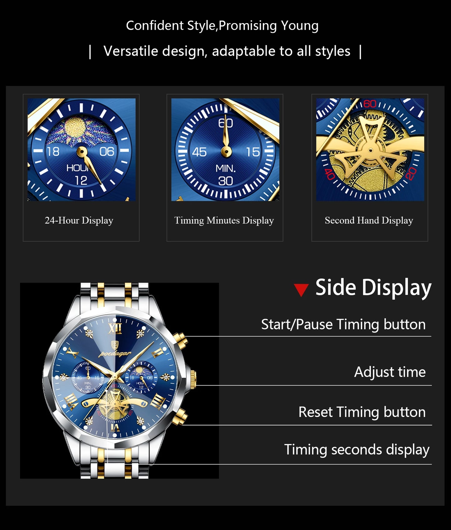 POEDAGAR Luxus Chronograph - Kapazität Batterie QUARTZ 13mm