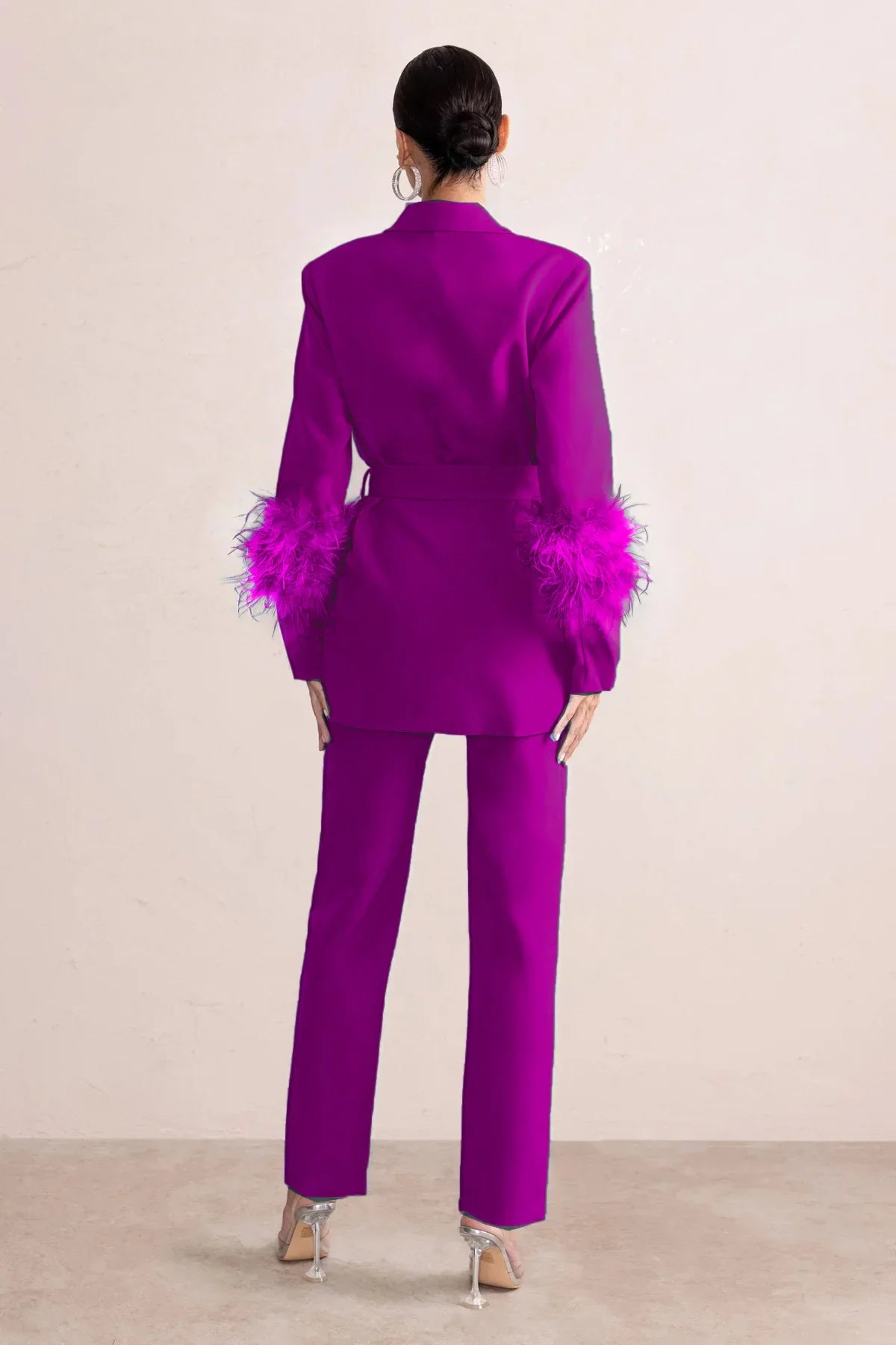 Elegant Women 2 Piece Set Solid Notched Neck Blazer Zipper Long Pants Feather Upright Coat Ladies Suit Fall Winter Office Wear