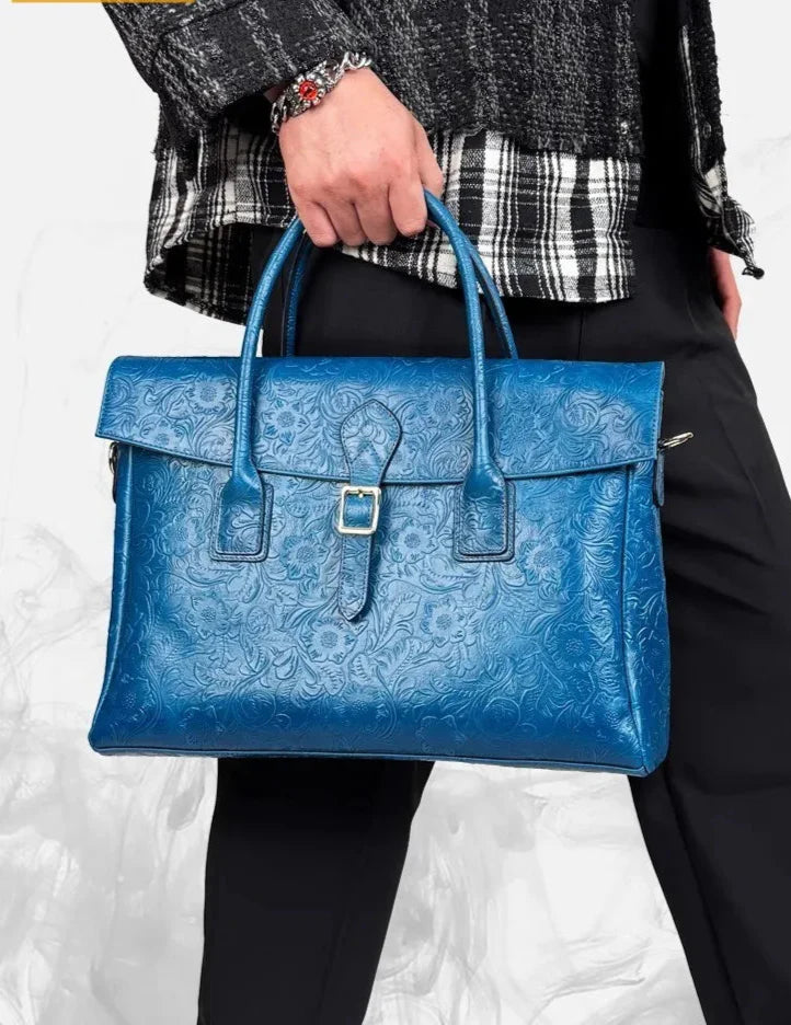 Vintage flower carved leather bag  single shoulder briefcase & business satchel