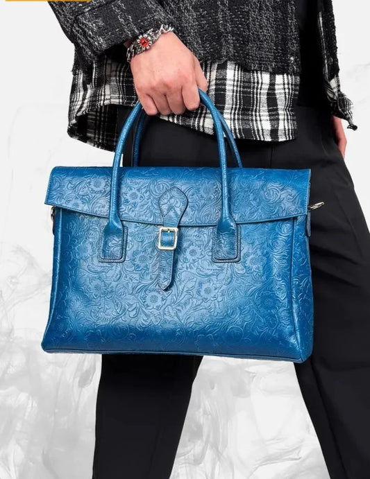 Vintage flower carved leather bag  single shoulder briefcase & business satchel