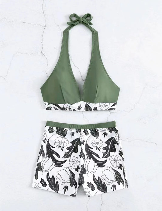 Halter Bikini Set Grün High Waist Design Wire-Free Support Spandex Polyester Kurzer Schwimmanzug