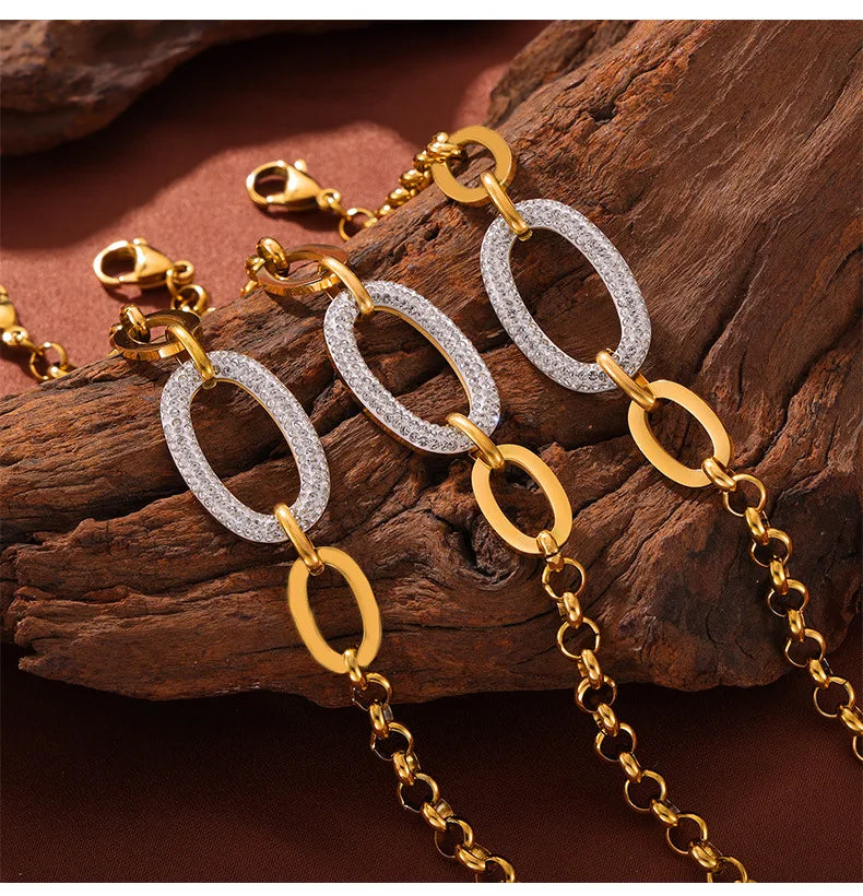 Luxus Strass Runder Anhänger Halskette - Edelstahl Goldplattiert Armband Schmuck Set - Damen Hochzeit Accessoires