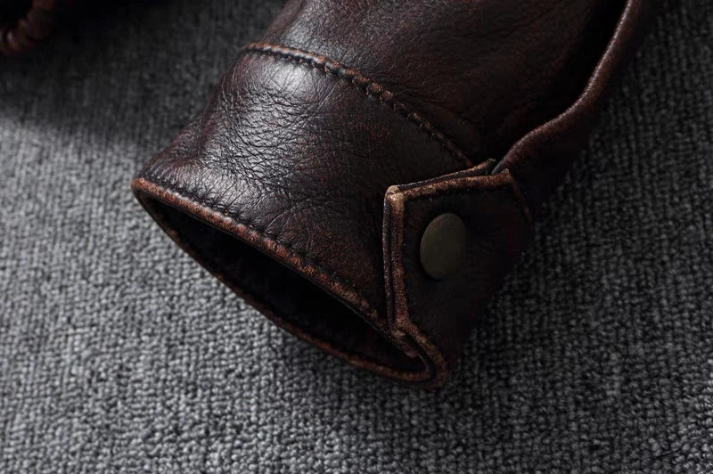 New Men's Genuine Leather Jacket Vintage Stone Milled Top Layer Cowhide Bomber Jacket A2 Brown Men's Calfskin Motorcycle Jacket