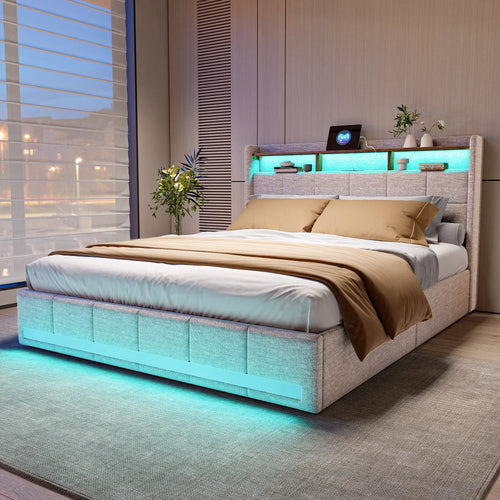 Polster-Doppelbett 160x200 cm Mit Stauraum Und LED Beleuchtung