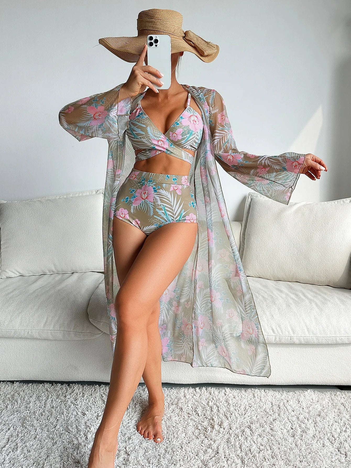 Sommer Print Schwimmanzüge: ASKATE Verbesserte Unterstützung Wire-Free Support Nylon Spandex - Dreiteilig High Waist Strand Wear Floraler Print