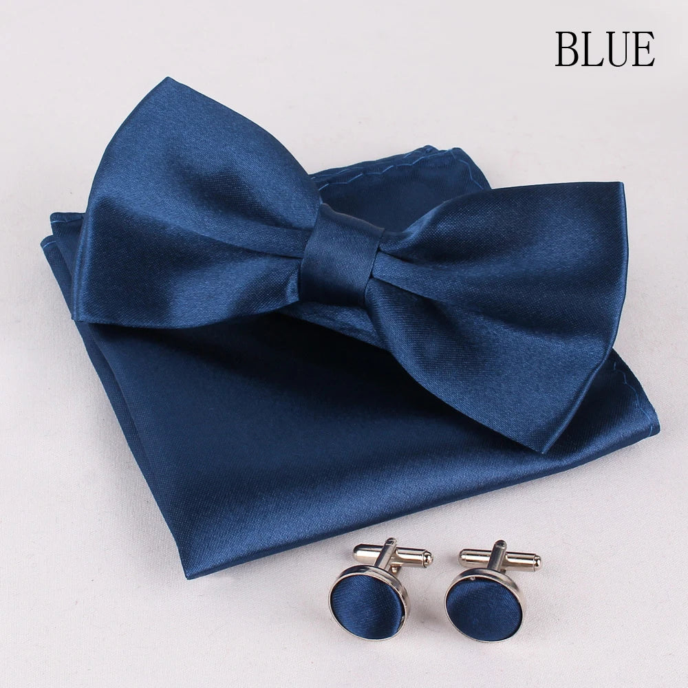 Solid Colors Polyester Adjustable Men's Accessory Set Elegant Pre-Tied Bow Tie Matching Pocket Square & Cufflinks for Wedding
