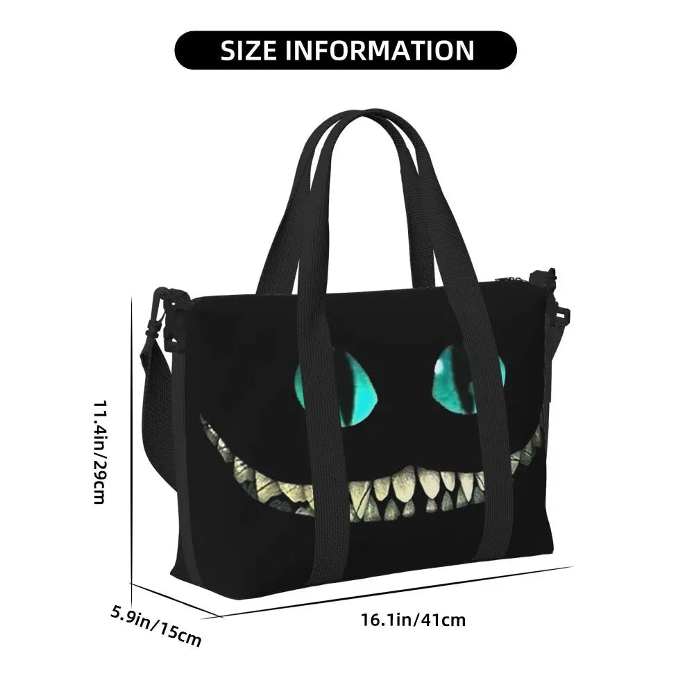 Custom Cheshire Cat Beach Tote Bag for Women We're All Mad Here Cat Big Compartment Gym Beach Travel Bags
