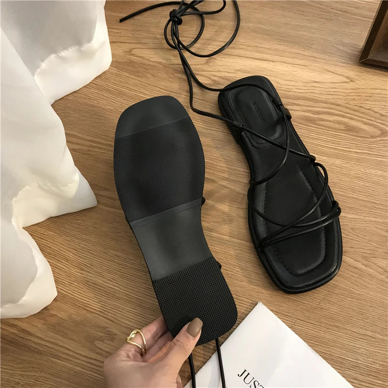 Summer Shoes Women Sandals Narrow Band Vintage Square Toe Flat Cross Strap Thong Sandals V Shape Design Shoes Women