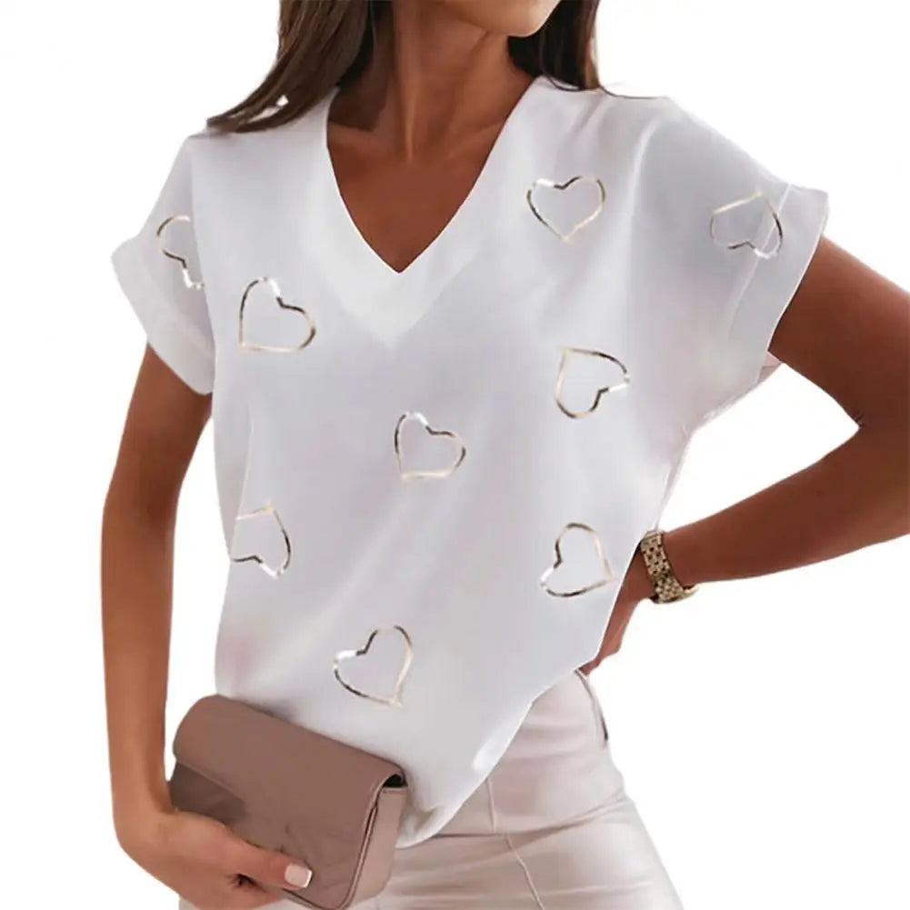 European And American Women's T-shirt Fashion Printed V-neck Short Sleeved Loose Lady Blouse Top Casual Sexy Pullover Tunic Top