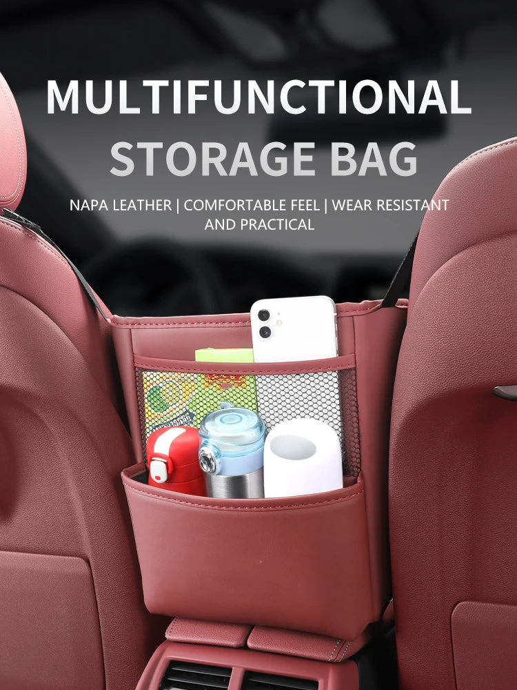 Car Seat Middle Storage Bag PU Leather Car Armrest Hanging Organizer Multifunction Handbag Holder Net Pocket Cup Tissue Storage