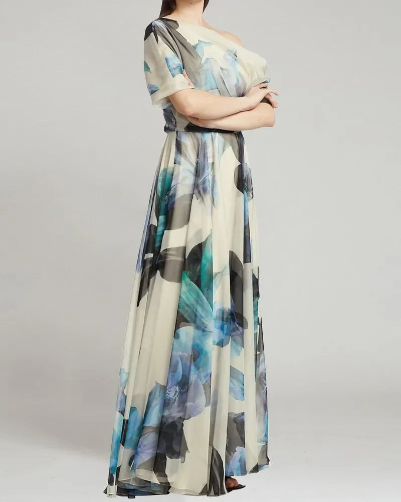 Elegant Women Bohemian Dress Y2K Chic Clothes Sexy Fashion One Shoulder Short Sleeve High Waist Pleated Vacation Long Dress