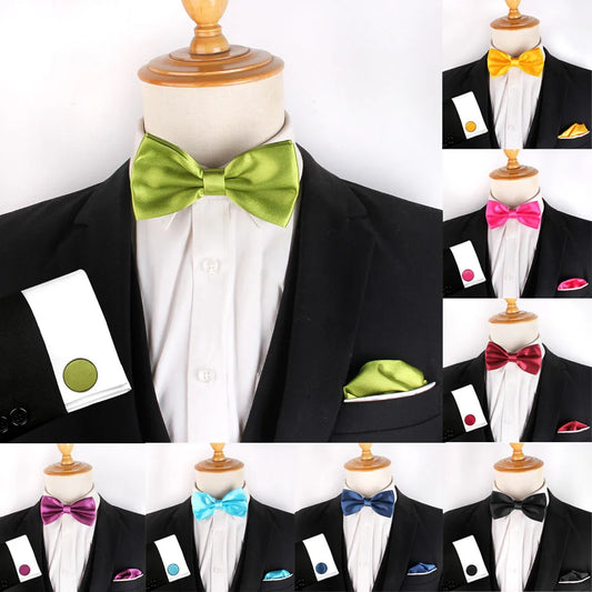 Solid Colors Polyester Adjustable Men's Accessory Set Elegant Pre-Tied Bow Tie Matching Pocket Square & Cufflinks for Wedding